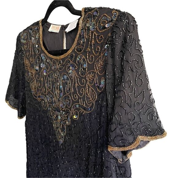 VINTAGE Braemar Silk Blouse Embellished Beading Sequins Black S - Picture 4 of 7